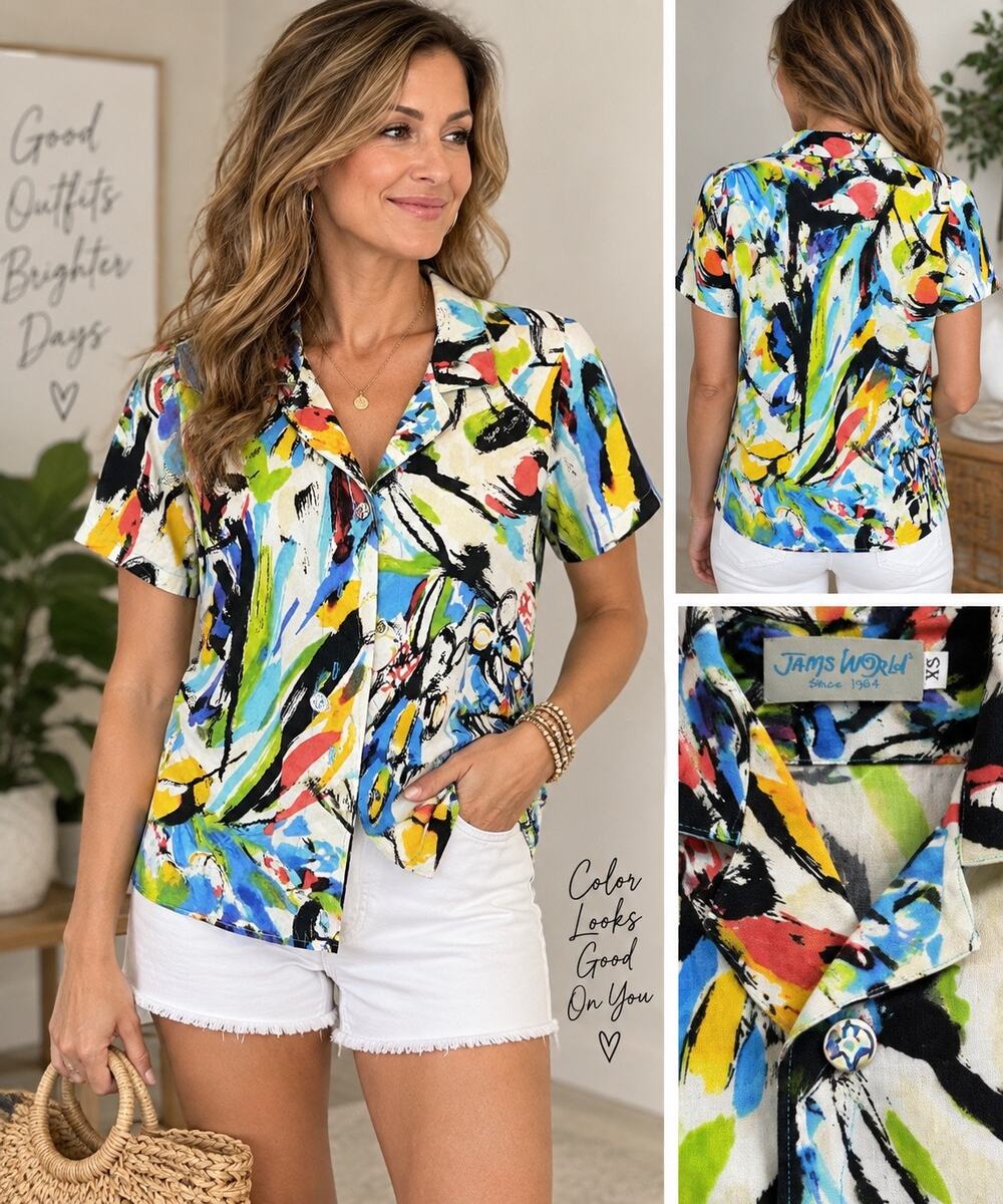 Jams World Women’s XS Multicolor Abstract Floral Short Sleeve Button Front Shirt